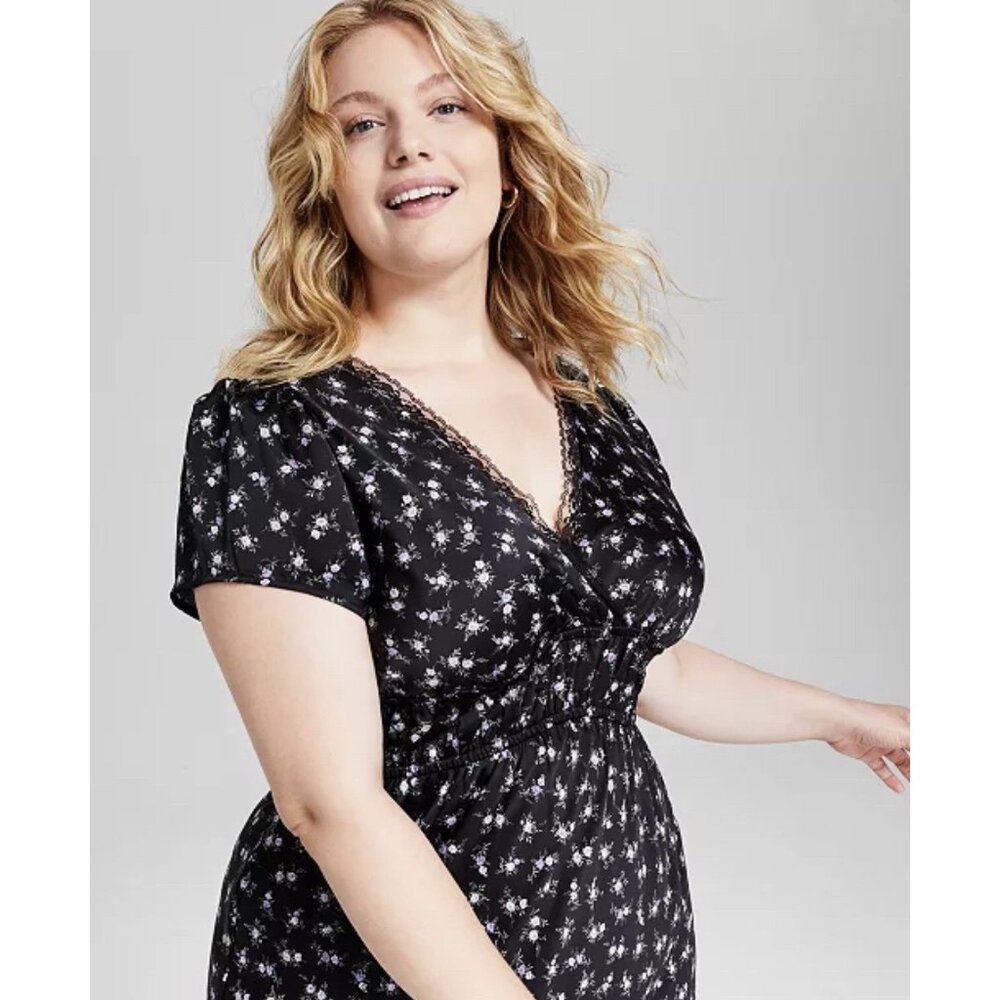 And Now This Trendy Plus Size Lace-Trim Satin Floral Midi Dress Size 2X - Picture 3 of 13